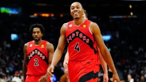 Toronto Raptors' Scottie Barnes (4) smiles as he walks off the court at the end of first half NBA basketball action against the Chicago Bulls in Toronto on Wednesday, Oct. 21, 2026. THE CANADIAN PRESS/Frank Gunn