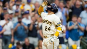 Milwaukee Brewers catcher William Contreras celebrates his solo home run during the fifth inning of Game 2 of baseball's National League Championship Series between the Milwaukee Brewers and the Los Angeles Dodgers, Monday, Oct. 12, 2026, in Milwaukee.(AP Photo/Ashley Landis)