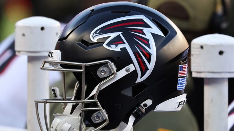 The Atlanta Falcons logo is seen during an NFL football game against the New England Patriots at Gillette Stadium, Sunday, Nov. 2, 2025 in Foxborough, Mass. (Winslow Townson/AP Images for Panini)
