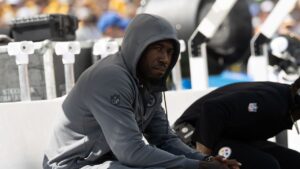 Former Pittsburgh Steelers cornerback Joey Porter Jr. looks on during an NFL football game in Pittsburgh, Sunday, Sept. 13, 2026. (Matt Durisko/AP)