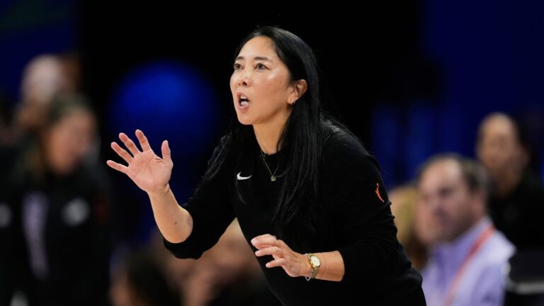 Golden State Valkyries head coach Natalie Nakase watches play in the first half of a WNBA basketball first-round playoff game against the Dallas Wings Wednesday Sept. 30, 2026, in Arlington, Texas. (Tony Gutierrez/AP)