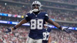 Dallas Cowboys wide receiver Ceedee Lamb celebrates his touchdown during the second half of an NFL football game against the Houston Texans in Houston, Sunday, Oct. 4, 2026. (Ashley Landis/AP)
