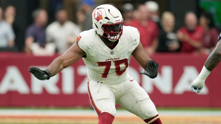 Arizona Cardinals offensive tackle Paris Johnson Jr. moves over to make a block during an NFL football game against the Seattle Seahawks in Glendale, Ariz., Sunday, Sept. 20, 2026. (AP Photo/Ross D. Franklin)
