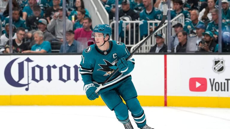 San Jose Sharks center Macklin Celebrini skates against the Florida Panthers during a NHL hockey game in San Jose, Calif., Thursday, Oct. 1, 2026. (AP Photo/Tony Avelar)