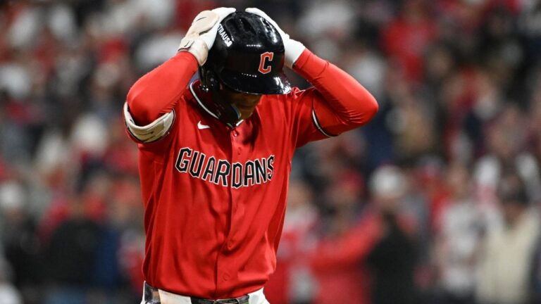 Cleveland Guardians' Travis Bazzana reacts after hitting a fly out during the ninth inning of Game 2 of baseball's American League Division Series against the Chicago White Sox, Monday, Oct. 5, 2026, in Cleveland. (AP Photo/Phil Long)