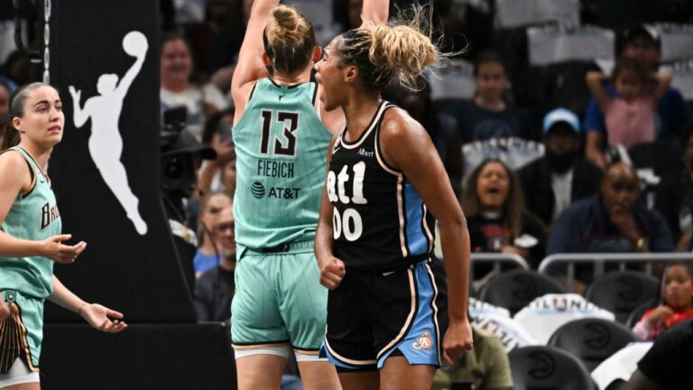 Atlanta forward Naz Hillmon (00) reacts to her basket against New York during the first half in Game 2 of the WNBA basketball semifinals, Wednesday, Oct. 7, 2026, in Atlanta. (AP Photo/Daniel Varnado)