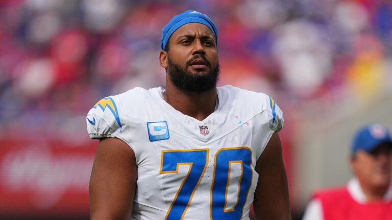 FILE - Los Angeles Chargers' Rashawn Slater walks during an NFL football game in Orchard Park, N.Y., Sept. 27, 2026. (AP Photo/Matt Rourke, File)
