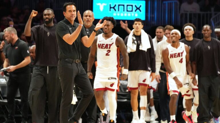 Miami Heat head coach Erik Spoelstra applauds at the end of the second half of an NBA preseason basketball game against the New Orleans Pelicans Thursday, Oct. 8, 2026, in Miami. (AP Photo/Marta Lavandier)