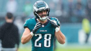 Philadelphia Eagles running back Will Shipley warms up before an NFL football game against the Los Angeles Rams in Philadelphia, Sunday, Oct. 4, 2026. (AP Photo/Chris Szagola)