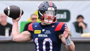 Montreal Alouettes quarterback Davis Alexander throws a pass during first half CFL football action against the Saskatchewan Roughriders in Montreal, on Monday, Oct. 12, 2026. THE CANADIAN PRESS/Graham Hughes