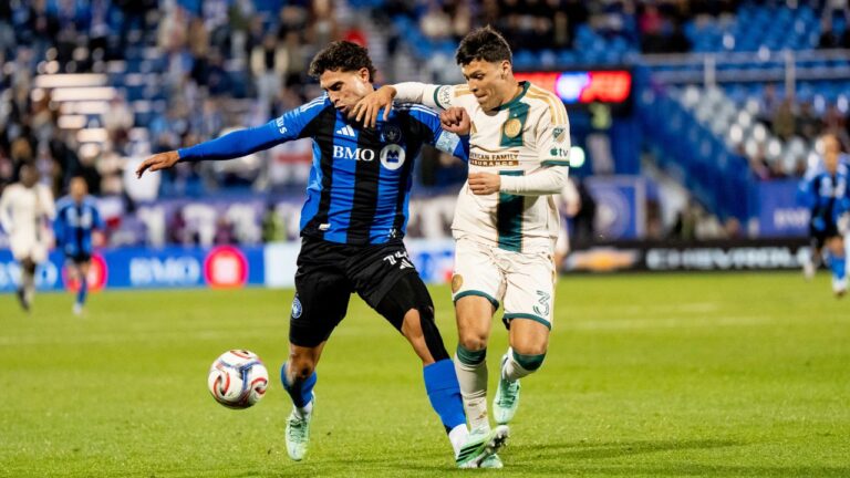 CF Montreal's Daniel Rios (left) and Atlanta United's Elias Baez (3) vie for possession of the ball during first half MLS soccer action, in Montreal, on Wednesday, Oct. 14, 2026. THE CANADIAN PRESS/Christopher Katsarov