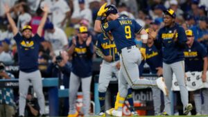 Milwaukee Brewers first baseman Jake Bauers runs out his two run home run during the seventh inning of Game 3 of baseball's National League Championship Series between the Milwaukee Brewers and the Los Angeles Dodgers, Wednesday, Oct. 14, 2026, in Los Angeles. (AP Photo/Ashley Landis)