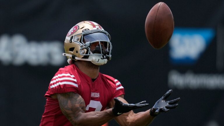 FILE - San Francisco 49ers' Christian Kirk catches a ball during NFL football practice May 28, 2026, in Santa Clara, Calif. (AP Photo/Jeff Chiu, File)