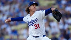 Los Angeles Dodgers pitcher Tyler Glasnow throws during the first inning of Game 4 of baseball's National League Championship Series between the Milwaukee Brewers and the Los Angeles Dodgers, Thursday, Oct. 15, 2026, in Los Angeles. (AP Photo/Gregory Bull)