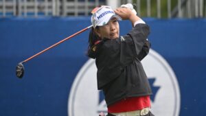 A Lim Kim of South Korea on the first tee during the final round of the LPGA Walmart NW Arkansas Championship golf tournament, Sunday, Sept. 27, 2026, in Rogers, Ark. (AP Photo/Michael Woods)