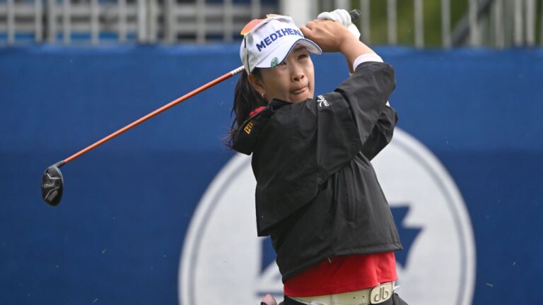 A Lim Kim of South Korea on the first tee during the final round of the LPGA Walmart NW Arkansas Championship golf tournament, Sunday, Sept. 27, 2026, in Rogers, Ark. (AP Photo/Michael Woods)