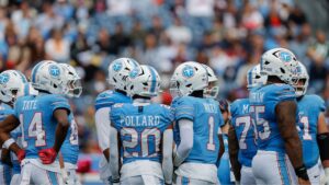Tennessee Titans offence huddles up during the second half of an NFL football game against the Houston Texans in Nashville, Tenn., Sunday, Oct. 11, 2026. (Stew Milne/AP)