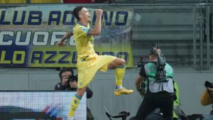 Frosinone's Antonio Raimondo celebrates after scoring during the Serie A soccer match between Frosinone and Sassuolo, Friday, Oct. 16, 2026 in Frosinone, Italy. (Alfredo Falcone/AP)