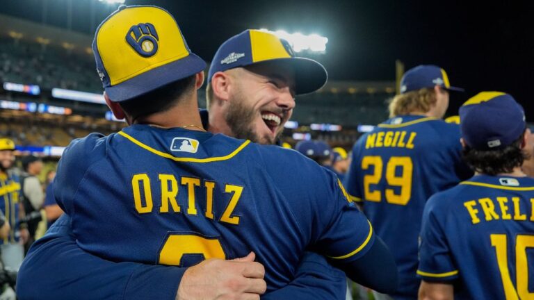 Milwaukee Brewers players celebrate after Game 4 of baseball's National League Championship Series between the Milwaukee Brewers and the Los Angeles Dodgers, Thursday, Oct. 15, 2026, in Los Angeles. (Ashley Landis/AP)