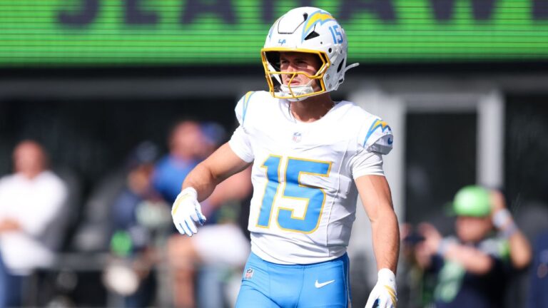 Los Angeles Chargers wide receiver Ladd McConkey (15) warms up before an NFL football game against the Seattle Seahawks, Sunday, Oct. 4, 2026, in Seattle. (AP Photo/Kevin Ng)