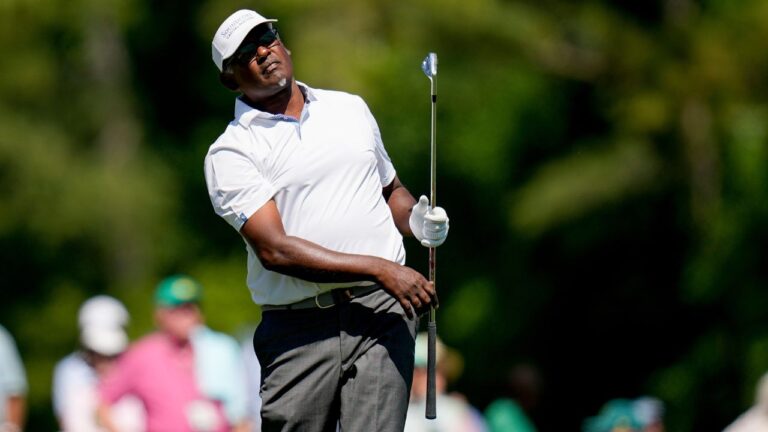 Vijay Singh, of Fiji, watches his tee shot on the 12th hole during the second round of the Masters golf tournament at the Augusta National Golf Club, Friday, April 10, 2026, in Augusta, Ga. (AP Photo/Eric Gay)