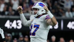 Buffalo Bills quarterback Josh Allen (17) celebrates a touchdown against the Las Vegas Raiders during the second half of an NFL football game in Las Vegas, Sunday, Oct. 18, 2026. (AP Photo/John Locher)