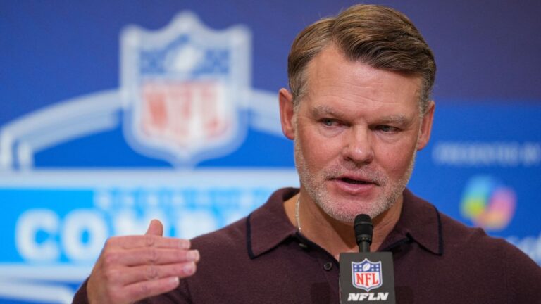 FILE - Indianapolis Colts general manager Chris Ballard speaks during a press conference at the NFL football scouting combine in Indianapolis, Tuesday, Feb. 24, 2026. (AP Photo/Michael Conroy,File)