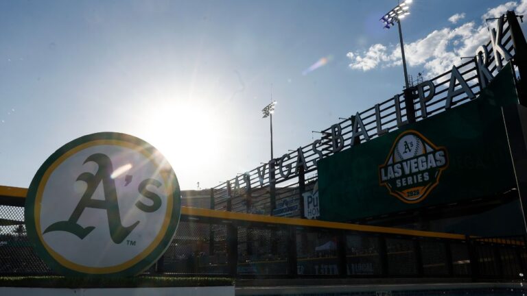The Athletics logo is displayed at the Las Vegas Ballpark ahead of a baseball game between the Colorado Rockies and the Athletics, Friday, June 12, 2026, in Las Vegas. (AP Photo/Caroline Brehman)