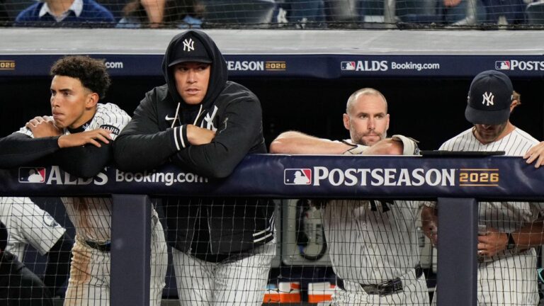 Yankees players watch the 2026 ALDS against Tampa Bay