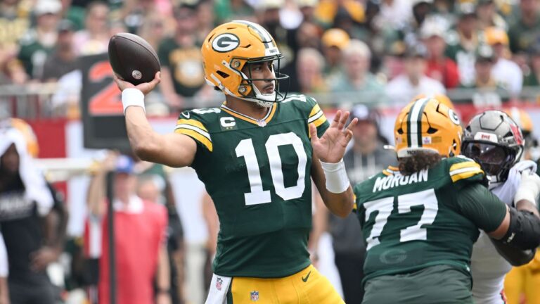 Green Bay Packers quarterback Jordan Love aims a pass during the first half of an NFL football game against the Tampa Bay Buccaneers in Tampa, Fla., Sunday, Oct. 4, 2026. (Jason Behnken/AP)