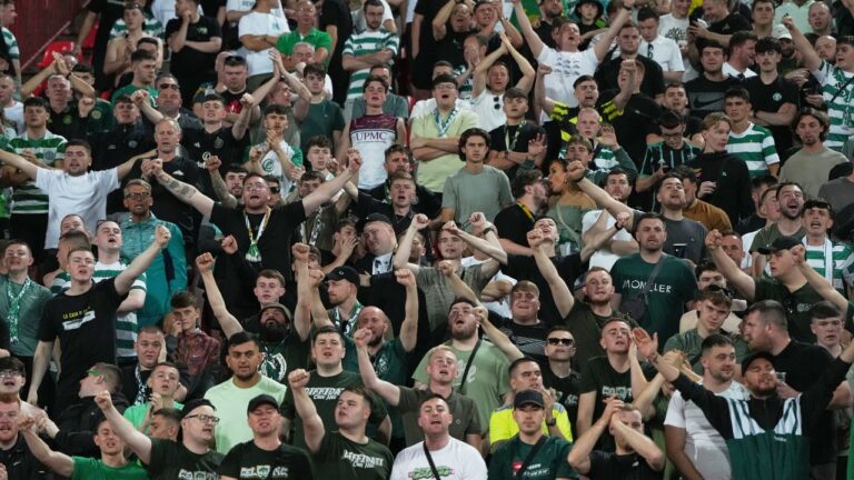 Celtic fans cheer their team ahead of the Europa League soccer match between Red Star and Celtic at the Rajko Mitic Stadium in Belgrade, Serbia, Wednesday, Sept. 24, 2025. (Darko Vojinovic/AP)