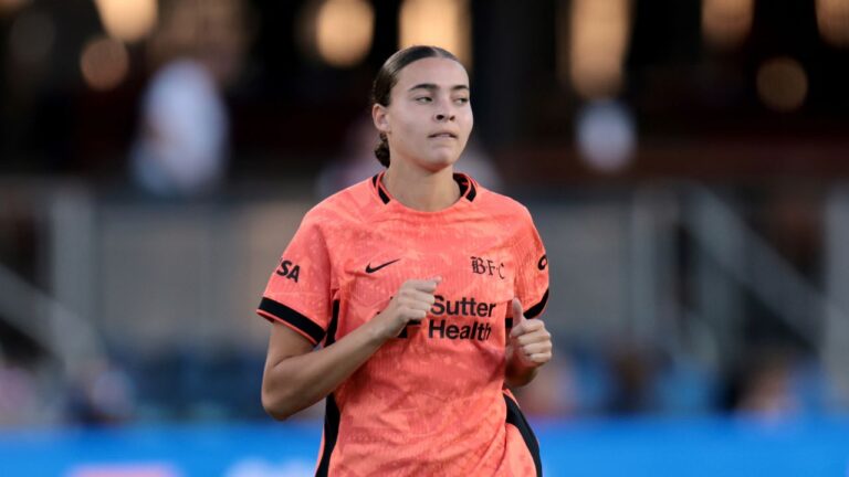 Bay FC defender Brooklyn Courtnall runs as Angel City FC take on Bay FC during an NWSL match, Saturday, March 21, 2026, in San Jose, Calif. (Scot Tucker/AP)
