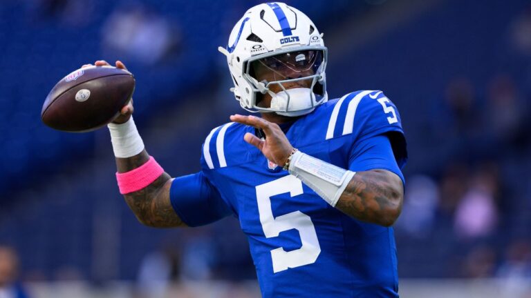 Indianapolis Colts quarterback Anthony Richardson Sr. warms up on the field during an NFL game against the Tennessee Titans in Indianapolis, Sunday, Oct. 18, 2026. (Zach Bolinger/AP Photo)