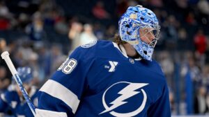 Tampa Bay Lightning goaltender Andrei Vasilevskiy warms up before an NHL game against the Washington Capitals Saturday, Oct. 3, 2026, in Tampa, Fla. (Jason Behnken/AP)