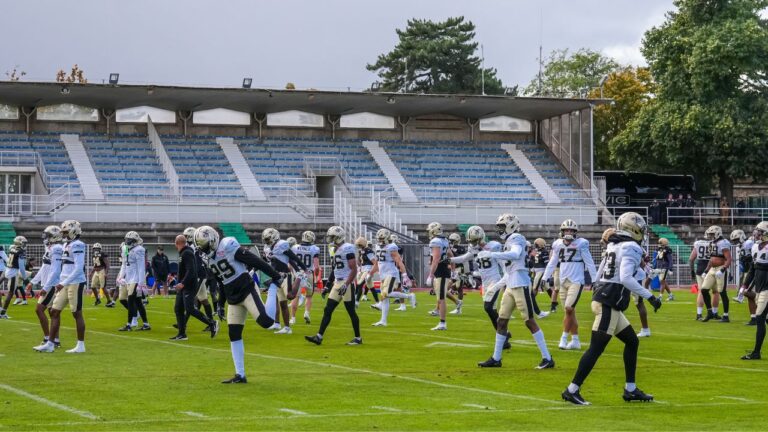 New Orleans Saints team during an NFL practice session in Versailles near Paris, Wednesday, Oct. 21, 2026. (Aurelien Morissard/AP Photo)