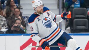 Edmonton Oilers' Leon Draisaitl (29) celebrates after scoring goal against the Vancouver Canucks during second period NHL hockey action in Vancouver, B.C., on Thursday, Oct. 1, 2026. (Rich Lam/CP)