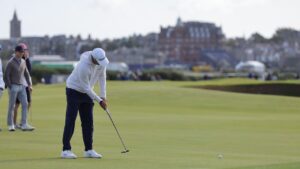 Casey Jarvis of South Africa putting on day three of the Dunhill Links Golf Championship in St Andrews, Scotland, Saturday, Oct. 3, 2026. (Steve Welsh/PA via AP)