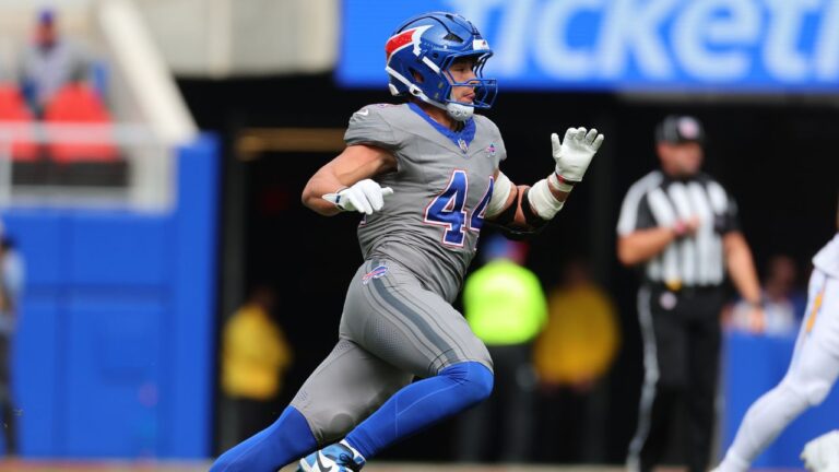 Buffalo Bills linebacker Joe Andreessen (44) runs during an NFL football game against the Los Angeles Chargers in Orchard Park, N.Y., Sunday, Sept. 27, 2026. (AP Photo/Jeffrey T. Barnes)