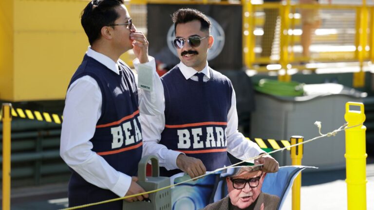 Chicago Bears fans dress up as Mike Ditka before an NFL football game against the Green Bay Packers in Green Bay, Wis., Sunday, Oct. 11, 2026. (AP Photo/Matt Ludtke)