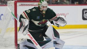 Minnesota Wild goaltender Jesper Wallstedt defends the goal during the second period of an NHL hockey game against the St. Louis Blues, Thursday, Oct. 15, 2026, in St. Paul, Minn. (AP Photo/Abbie Parr)