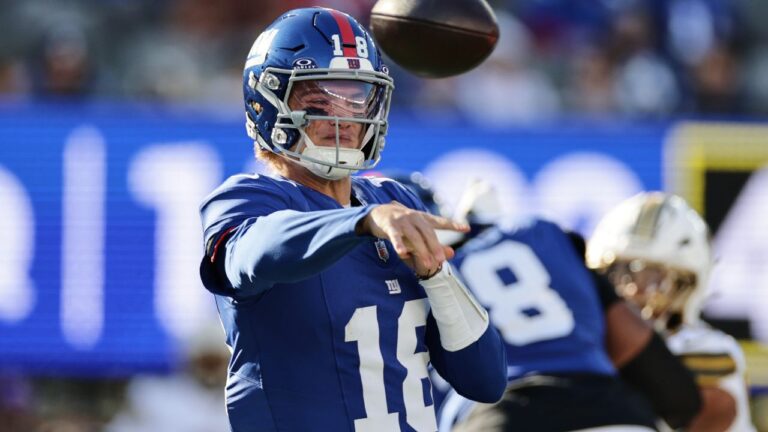 New York Giants quarterback J.J. McCarthy (18) throws during the second half of an NFL football game against the New Orleans Saints in East Rutherford, N.J., Sunday, Oct. 18, 2026. (AP Photo/Adam Hunger)