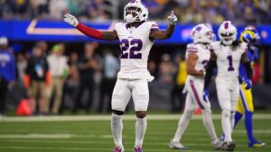 Buffalo Bills safety C.J. Gardner-Johnson celebrates after a false start call during the first half of an NFL football game against the Los Angeles Rams, Monday, Oct. 12, 2026, in Inglewood, Calif. (AP Photo/Gregory Bull)