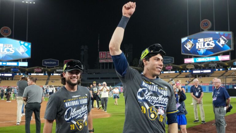 Milwaukee Brewers designated hitter Christian Yelich celebrates after Game 4 of the National League Championship Series between the Milwaukee Brewers and the Los Angeles Dodgers, Thursday, Oct. 15, 2026, in Los Angeles. (AP/Gregory Bull)