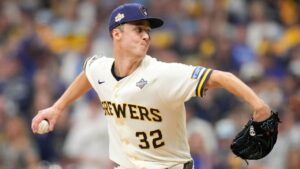 Milwaukee Brewers pitcher Jacob Misiorowski throws during the first inning of Game 1 of the World Series, Friday, Oct. 23, 2026, in Milwaukee, between the Milwaukee Brewers and the Tampa Bay Rays. (Kayla Wolf/AP)