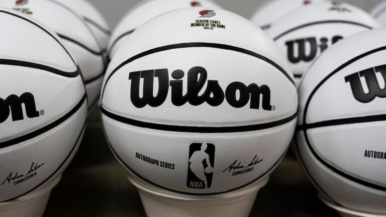 Basketballs with the NBA logo are displayed during the Portland Trail Blazers media day in Portland, Ore., Monday, Sept. 30, 2024. (Jenny Kane/AP)