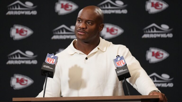 Kansas City Chiefs running back Kenneth Walker III (9) listens to a question during a news conference after an NFL game against the Los Angeles Chargers in Kansas City, Mo., Sunday, Oct. 18, 2026. (Charlie Riedel/AP Photo)