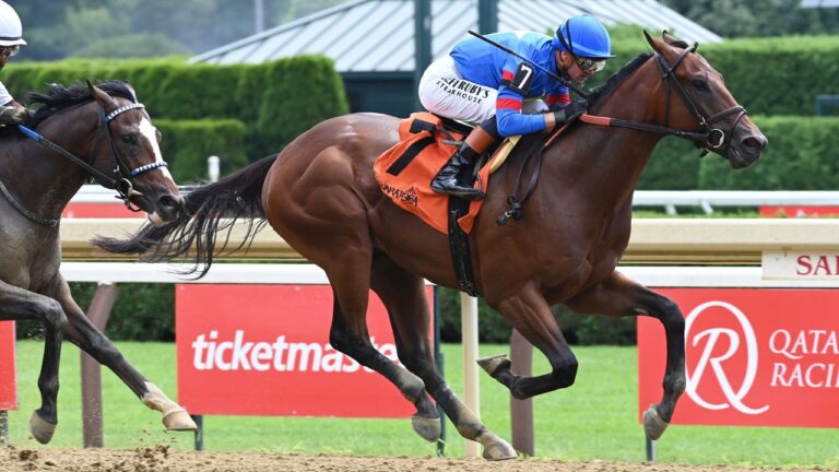 Gaudreau, a horse named after late NHL player Johnny Gaudreau, wins his first race, with jockey Flavien Prat aboard, at Saratoga Race Course in Saratoga Springs, New York, on Aug. 8, 2026. (Coglianese Photos/New York Racing Association via AP)
