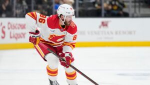 Calgary Flames left wing Joel Farabee plays against the the Vegas Golden Knights during an NHL game Thursday, Oct. 15, 2026, in Las Vegas. (John Locher/AP)