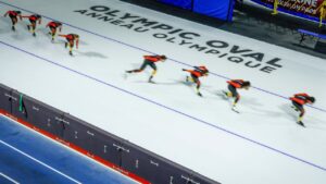 Speed skaters train as federal and provincial officials announce a funding agreement to refurbish the Olympic Oval in Calgary, Monday, July 27, 2026. (Jeff McIntosh/CP)