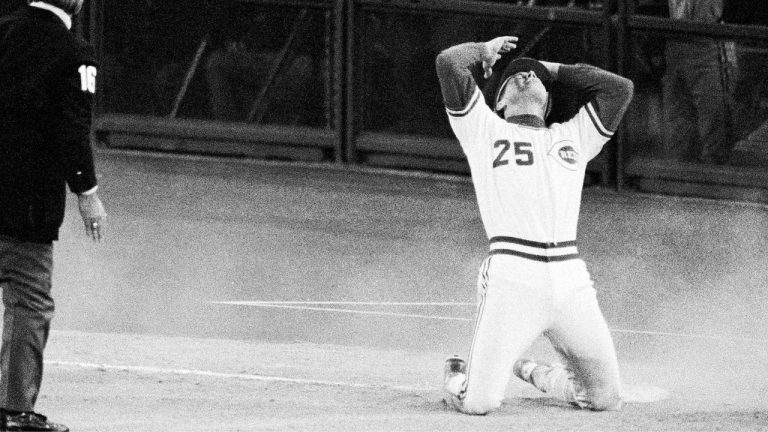 FILE - Cincinnati Reds Todd Benzinger reacts after being called out at third base attempting to advance on a bunt by Reds' Ron Oester in the ninth of a National League Championship Series game against the Pittsburgh Pirates, Oct. 5, 1990 in Cincinnati. (Ed Reinke, File/AP)